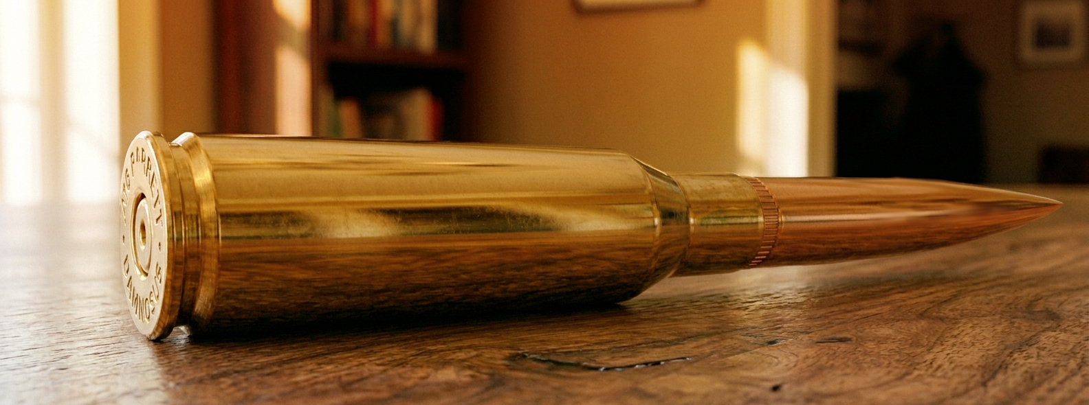 A large brass rifle cartridge with a Damnosus headstamp on a wood floor, copper bullet seated, a warm book-lined room blurred behind.