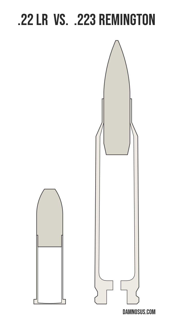 .22 LR vs .223 Remington cartridge size comparison, drawn to scale and aligned at the case head.