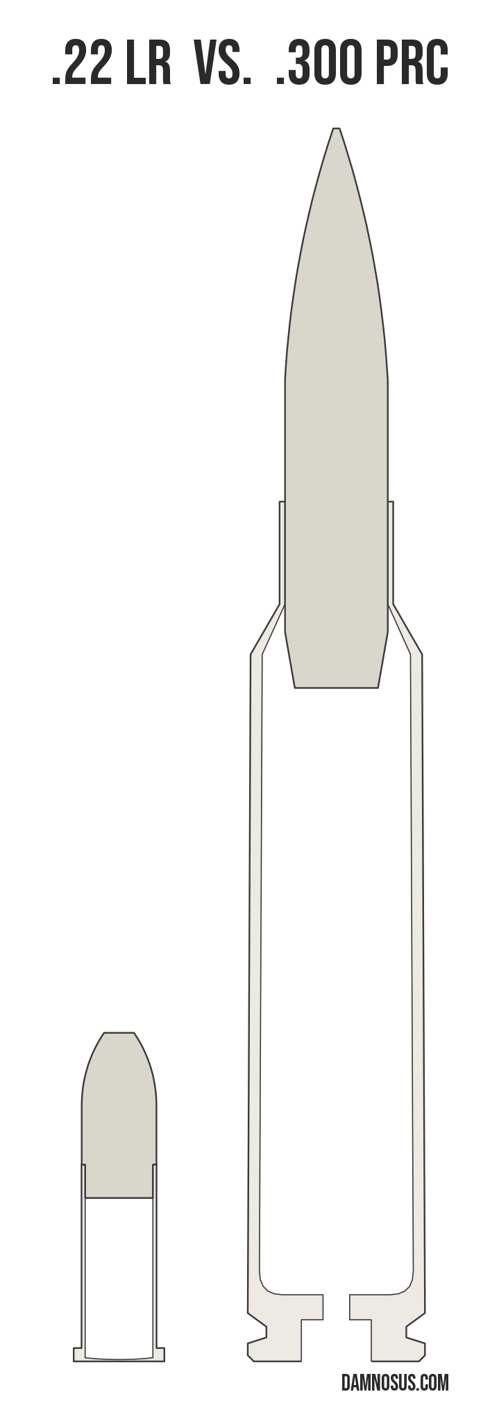 .22 LR vs .300 PRC cartridge size comparison, drawn to scale and aligned at the case head.