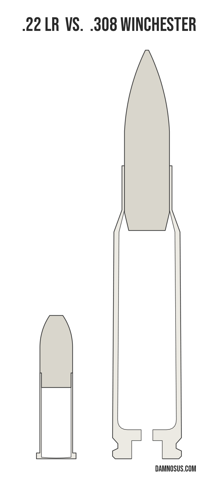 .22 LR vs .308 Winchester cartridge size comparison, drawn to scale and aligned at the case head.