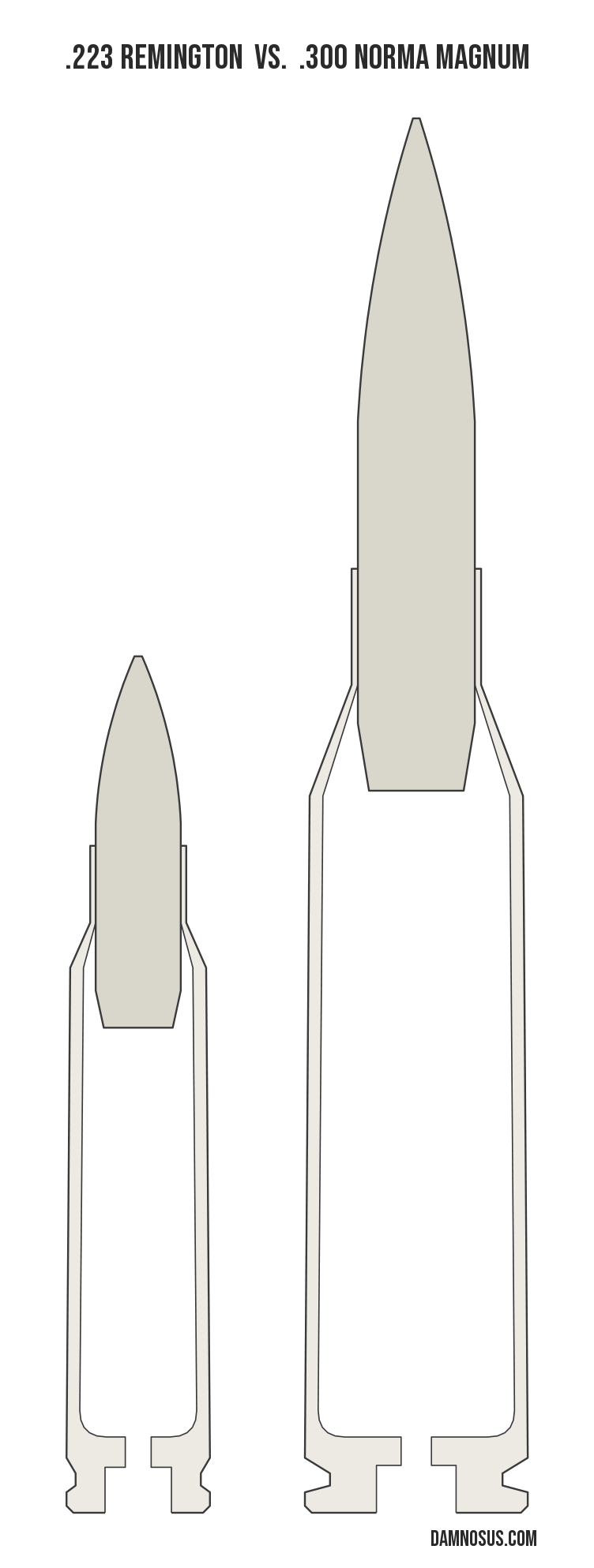 .223 Remington vs .300 Norma Magnum cartridge size comparison, drawn to scale and aligned at the case head.
