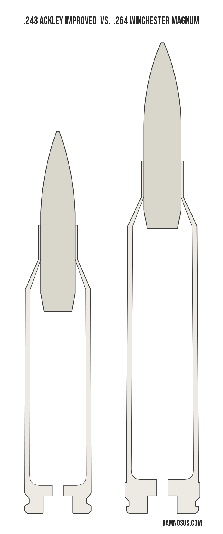 .243 Ackley Improved vs .264 Winchester Magnum cartridge size comparison, drawn to scale and aligned at the case head.