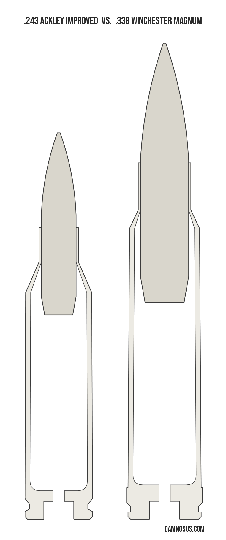 .243 Ackley Improved vs .338 Winchester Magnum cartridge size comparison, drawn to scale and aligned at the case head.
