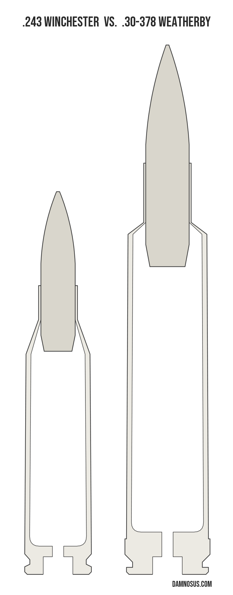 .243 Winchester vs .30-378 Weatherby cartridge size comparison, drawn to scale and aligned at the case head.