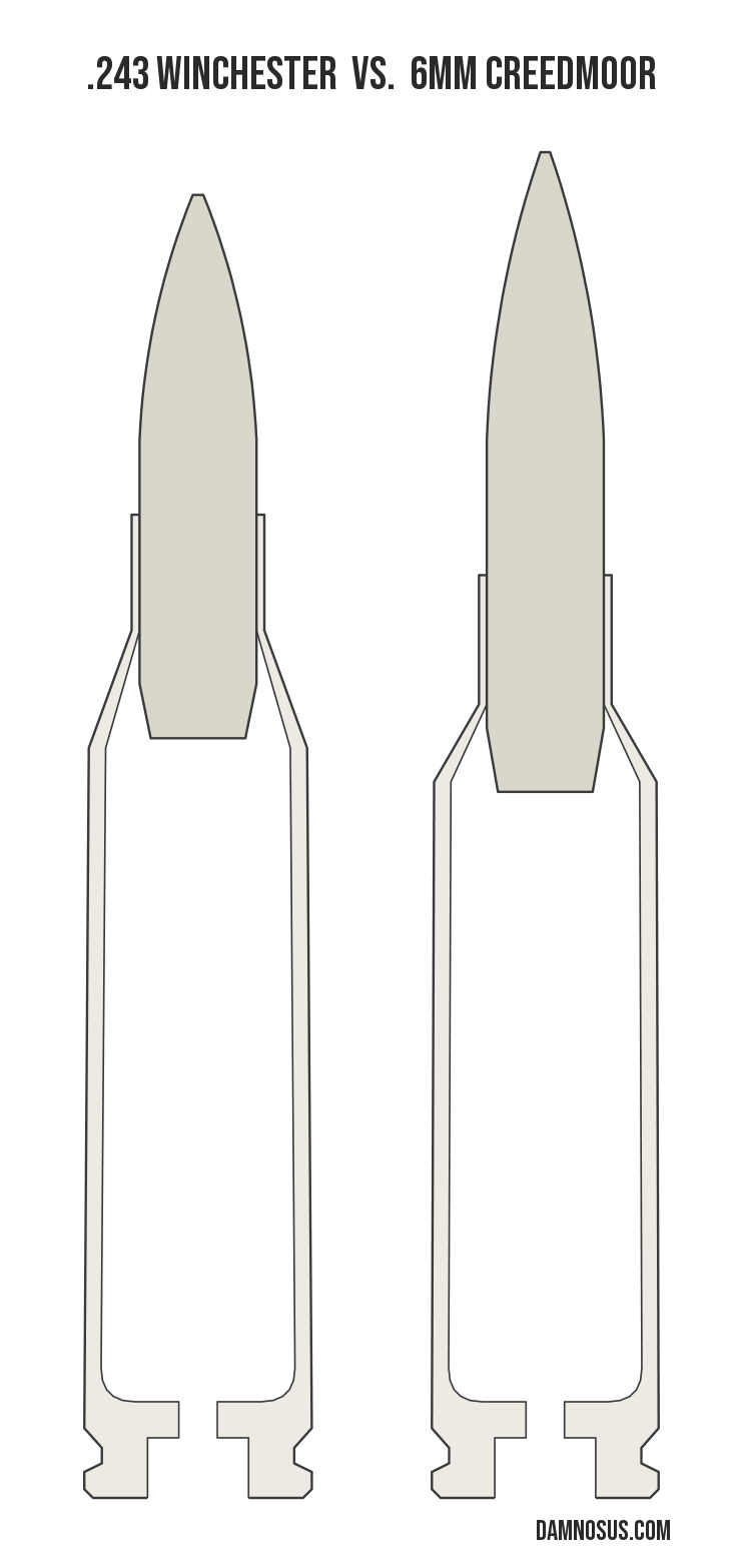 .243 Winchester vs 6mm Creedmoor cartridge size comparison, drawn to scale and aligned at the case head.