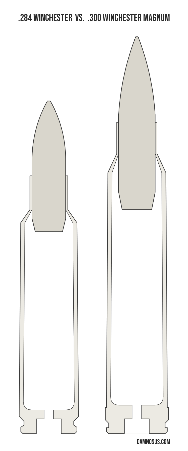 .284 Winchester vs .300 Winchester Magnum cartridge size comparison, drawn to scale and aligned at the case head.