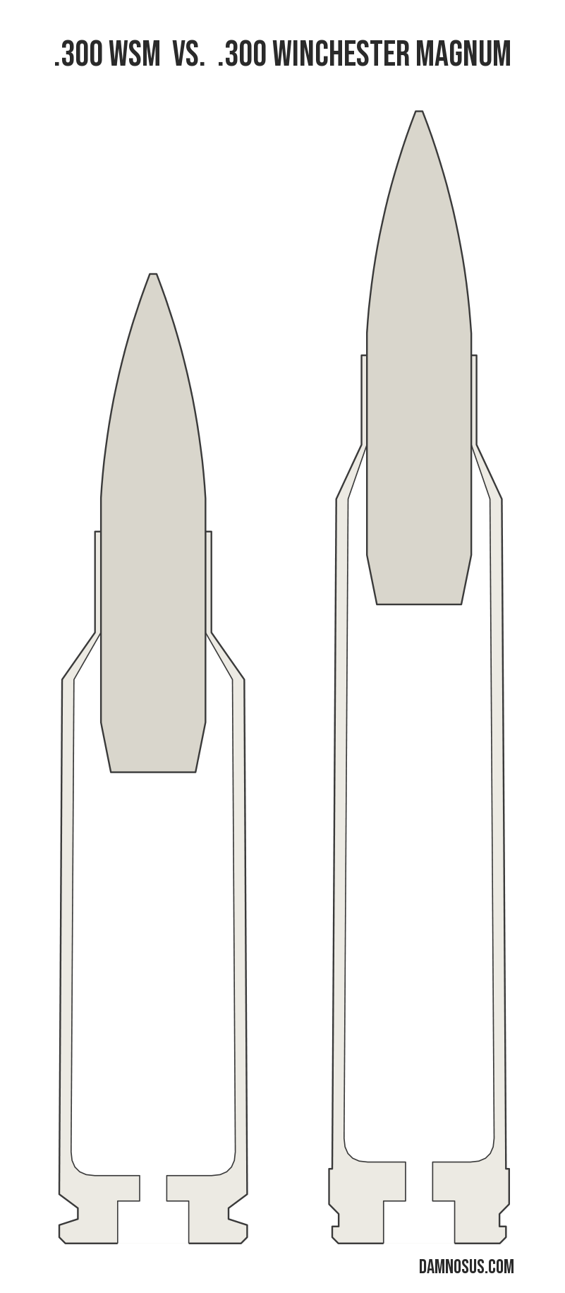 .300 WSM vs .300 Winchester Magnum cartridge size comparison, drawn to scale and aligned at the case head.