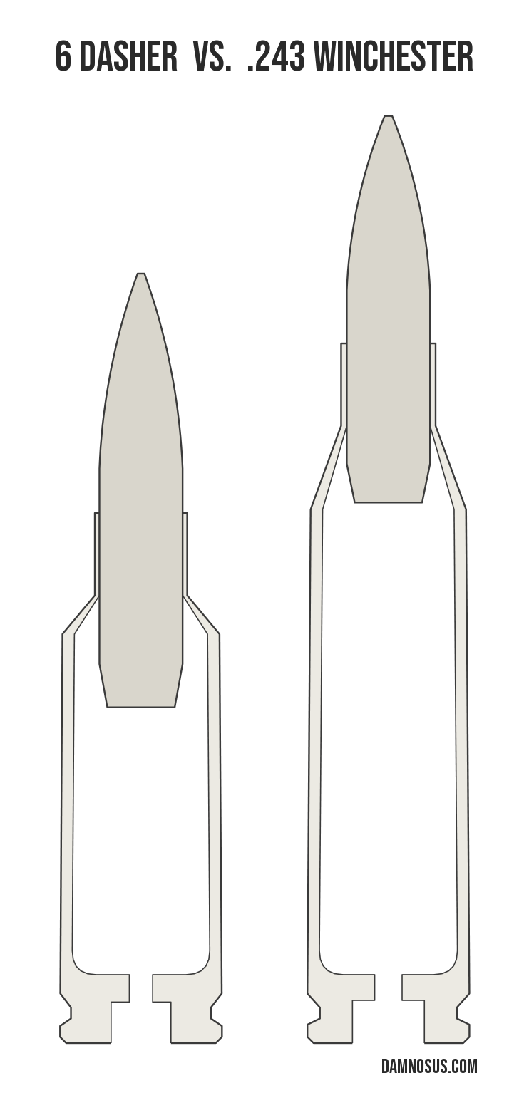 6 Dasher vs .243 Winchester cartridge size comparison, drawn to scale and aligned at the case head.