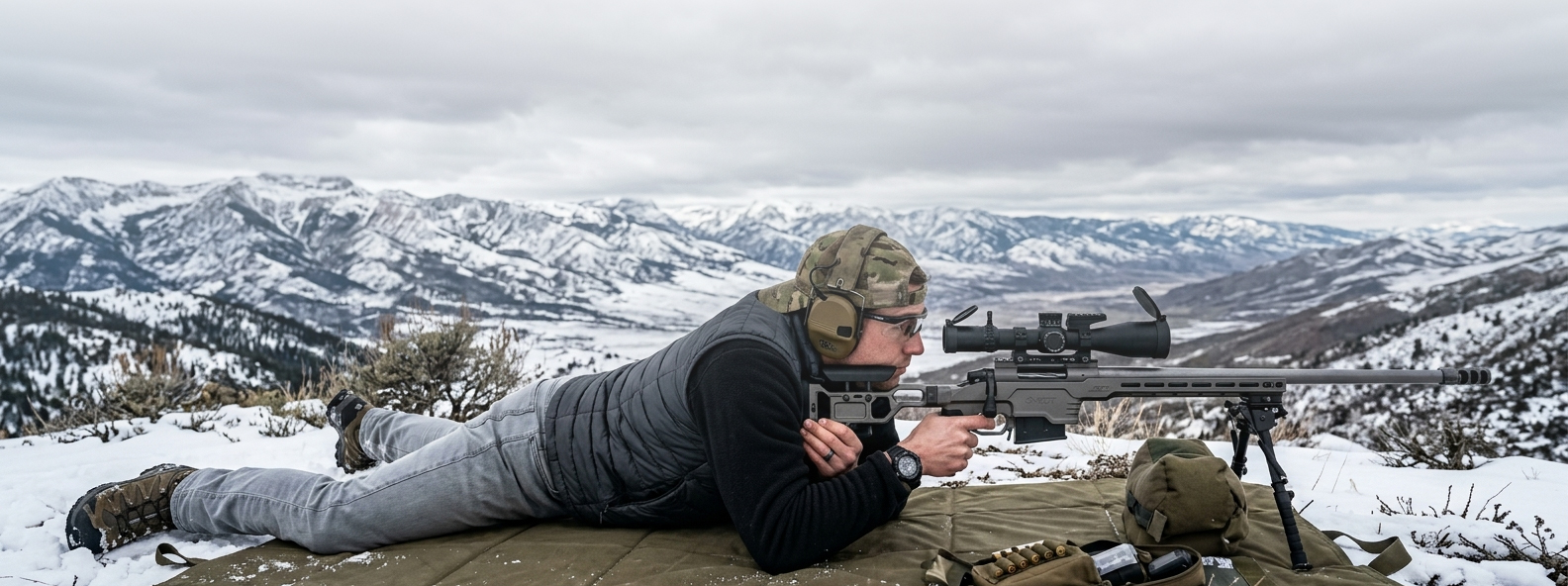 A precision shooter prone on a mat in snowy mountains behind a scoped bolt-action rifle on a bipod, a snow-capped range stretching behind.